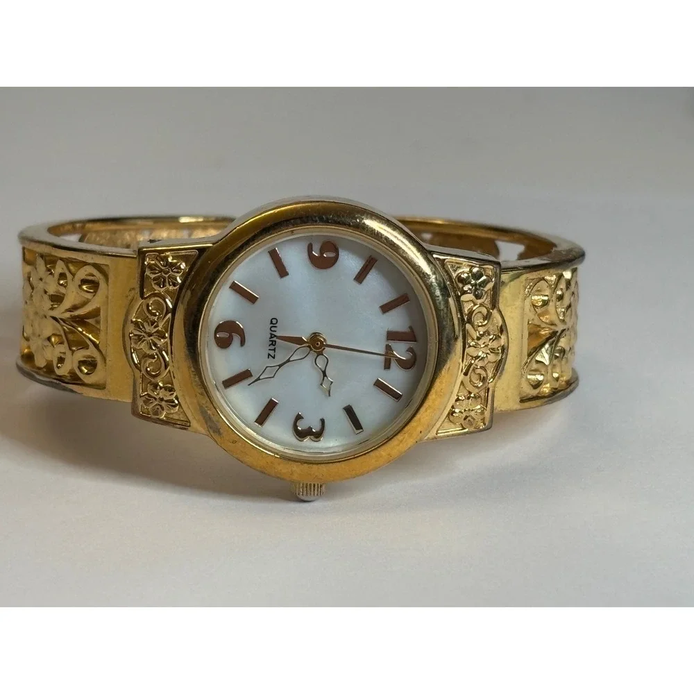 Vintage 90s Cuff Watch Bangle Filigree Floral Mother of Pearl Dial Gold Tone
